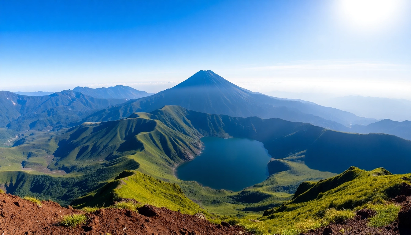 Hiking on Mount Rinjani with sunrise views highlighting the mountain's crater and lush surroundings, perfect for adventure seekers.