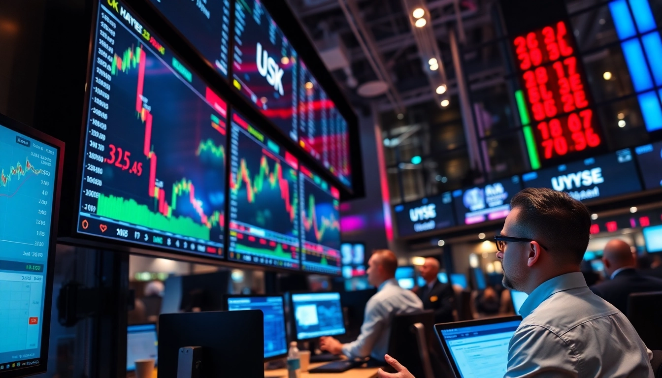 UK Stock Market News updates with traders analyzing data on digital screens in a busy financial